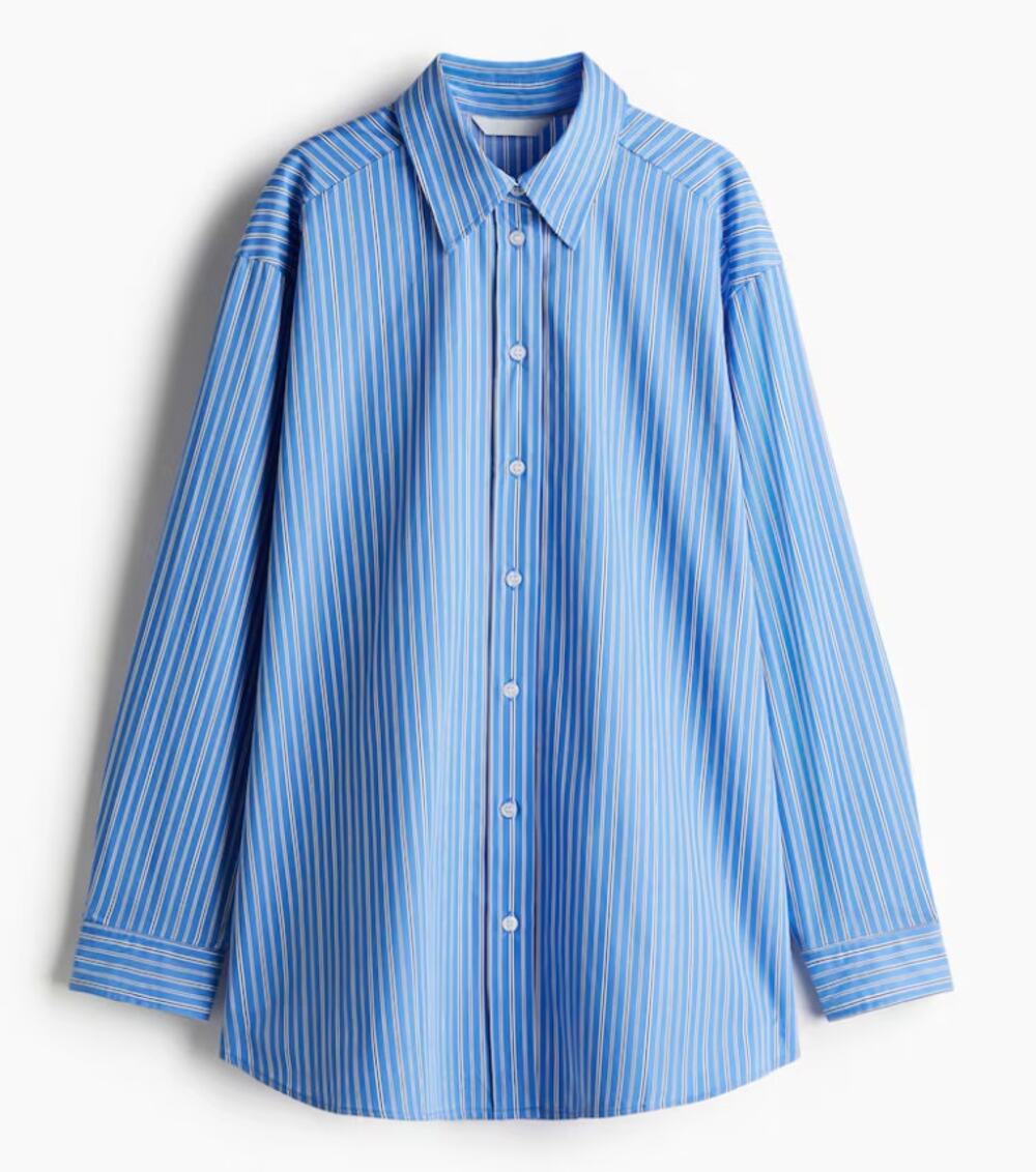 H&M Oversized Poplin Striped Relaxed Fit Button Front Shirt Top in Blue S NWT